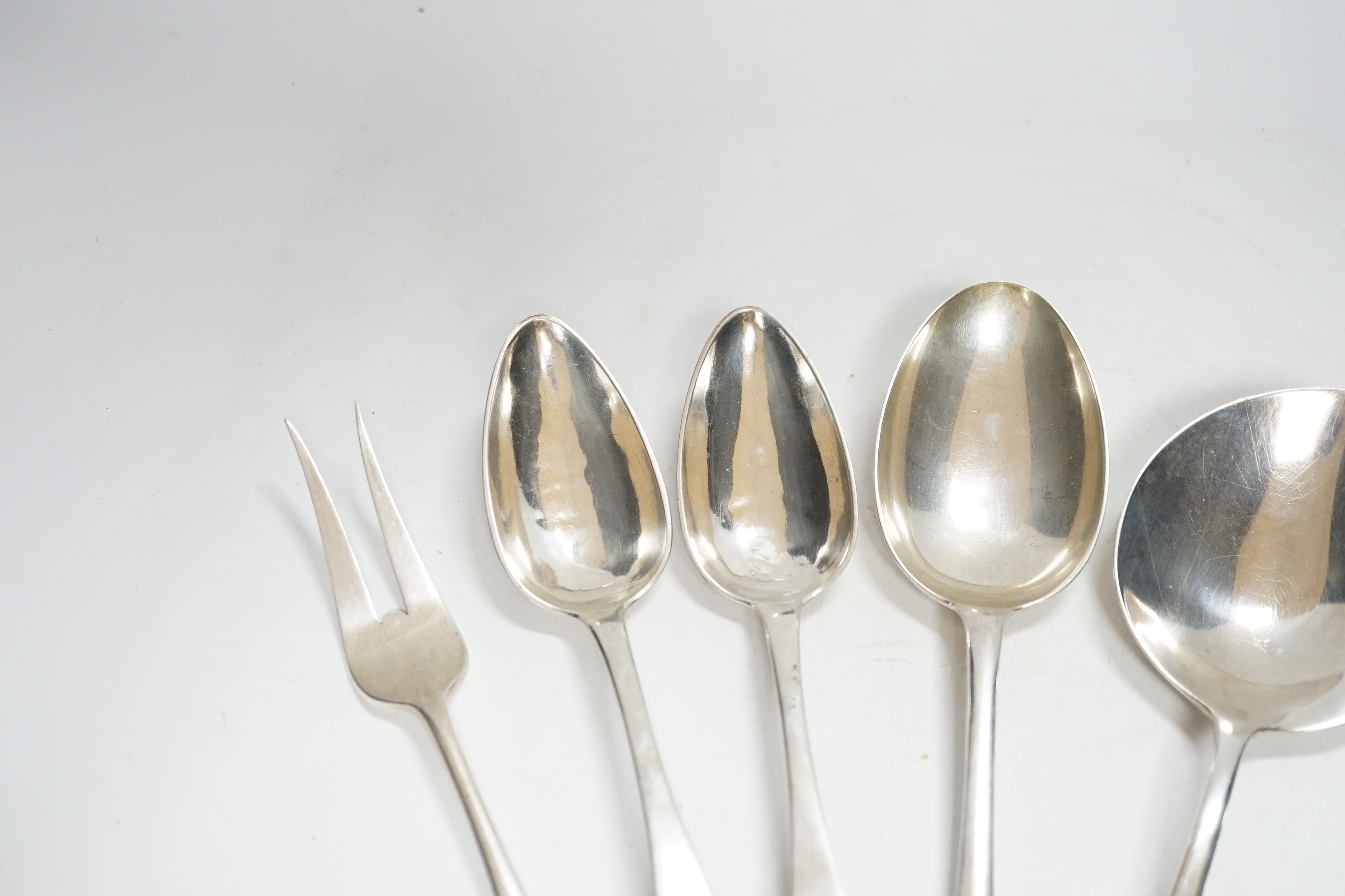 Three Dutch 833 standard white metal serving spoons, a ladle, fork and pair of tablespoons, 16.9oz.